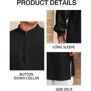 2025 <b>Men's</b> Kaftan Thobe Button Down <b>Henley</b> <b>Shirts</b> Robe Long Sleeve Casual Cotton Linen Muslim Gown <b>Shirt</b> Outerwear Set - Product Image 5