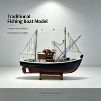 Modèle de bateau de pêche vintage personnalisé avec coque noire, fond rouge, deux mâts et détails de filet de pêche