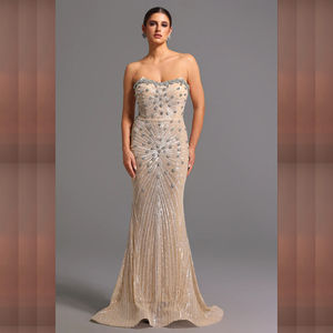 فستان زفاف حورية البحر الأزرق الملكي المرصع بالأحجار الكريمة المصنوع يدويًا بالكامل، فساتين سهرة طويلة أنيقة للنساء - Product Image 4