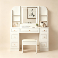 Table de maquillage moderne et durable en panneau MDF écologique, grande capacité, avec miroir sur pied éclairé par LED et tabouret, assemblée