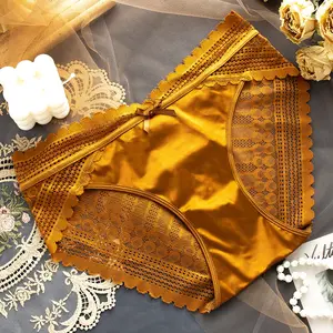 Bragas de encaje satinado de alta gama para mujer, ropa interior femenina translúcida de algodón puro de cintura media