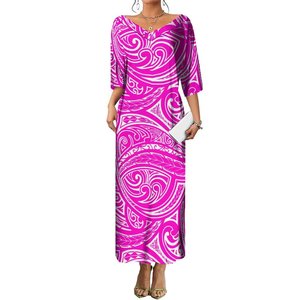 Robe longue maxi personnalisée pour <span class=keywords><strong>femme</strong></span>, style populaire, col en V, <span class=keywords><strong>rose</strong></span> vif et blanc, imprimé tribal polynésien, manches longues, style Asie-Pacifique - Product Image 1