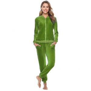 Conjunto Deportivo de Terciopelo Verde Sólido para Mujer, Chaqueta con Cremallera de Manga Larga y Bolsillos Laterales, Ropa Casual de Invierno - Product Image 1