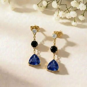 Blue Sapphire Trillion Cut <b>Earrings</b> with Black Obsidian Gemstone Drop Elegant CZ Accent <b>Dangle</b> <b>Earrings</b> in Handmade Fine Jewelry - Product Image 6