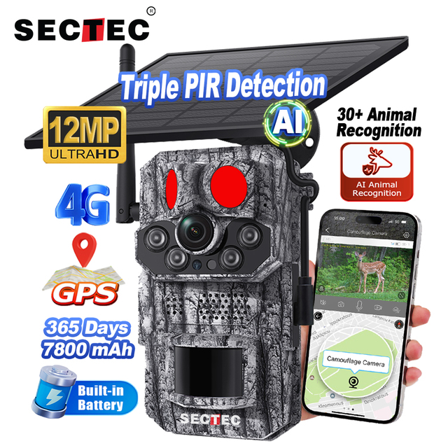 12MP 3 PIR Wide Angel 4G Hunting Trail Solar Camera GPS Positioning Motion Tracking IP66 Solar Camera Animal Track CCTV Systems