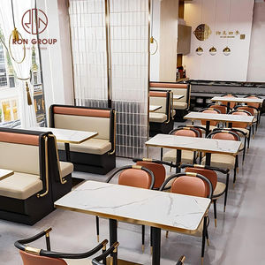 Ensemble de mobilier de restaurant moderne, canapé d'angle beige avec garniture orange, table ronde en marbre et chaises <span class=keywords><strong>à</strong></span> coussin beige pour café - Product Image 5