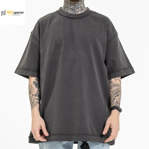 Custom Stitch Outside T Shirt 100% Cotton Graphic Printing Heavyweight Bleach Acid Washed Vintage Plus Size Men Oversize Tshirt