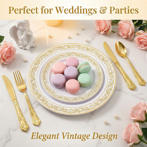 Assiettes en plastique dorées pour fête, ensemble d'assiettes jetables dorées, comprenant assiette, couteau, fourchette, cuillère, <span class=keywords><strong>service</strong></span> <span class=keywords><strong>de</strong></span> <span class=keywords><strong>vaisselle</strong></span> en plastique exquis - Product Image 3
