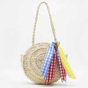 Alta calidad seagrass ronda paja tejido tote hombro regalo hecho a mano de mimbre bolso bufanda accesorios cuadros cinta