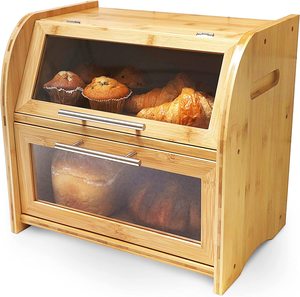 Arise Stylish Bamboo Bread Storage Box For Kitchen Extra Large 2-Shelf Wooden Bread Storage With Clear Windows And Air Vents