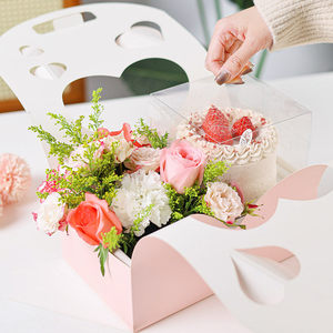 กล่องกระดาษพับได้สีชมพูขาวลายหัวใจ สำหรับใส่เค้ก ดอกไม้ หรือของขวัญ - Product Image 4