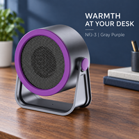 Ventilateur de bureau chauffant NFJ-3 avec corps gris et bordure avant violette sur un support fin en forme de U pour bureaux à domicile et chaleur personnelle