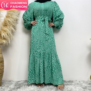 6541 #   Vestido Kaftan Musulmán Islámico Informal con Cuello Redondo, Estampado de Puntos Blancos, Puños Elásticos Plisados y Cinturón - Product Image 1