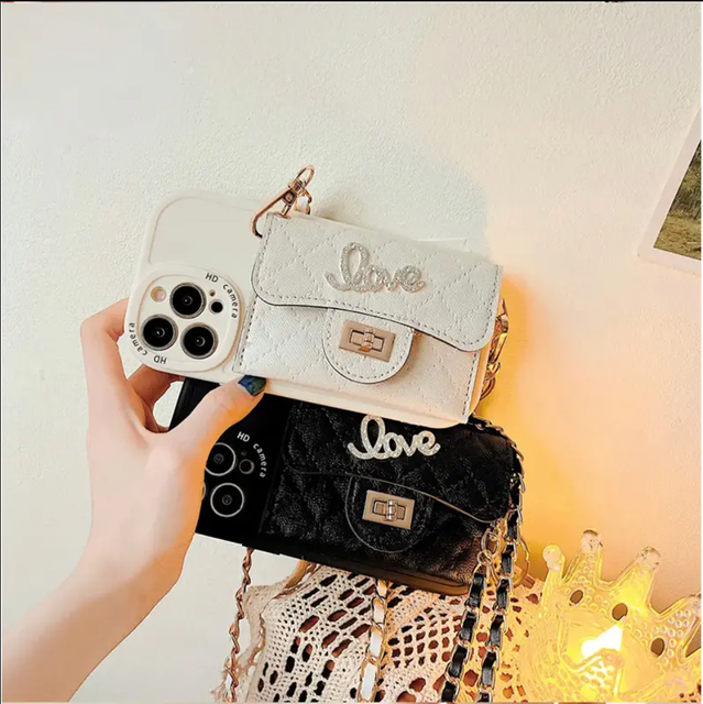 Lock Buckle Rhinestone LOVE Wallet Leather Chain Crossbody Strap Shockproof Phone Case for iPhone 15 Promax 14 Plus 12 13 11 16