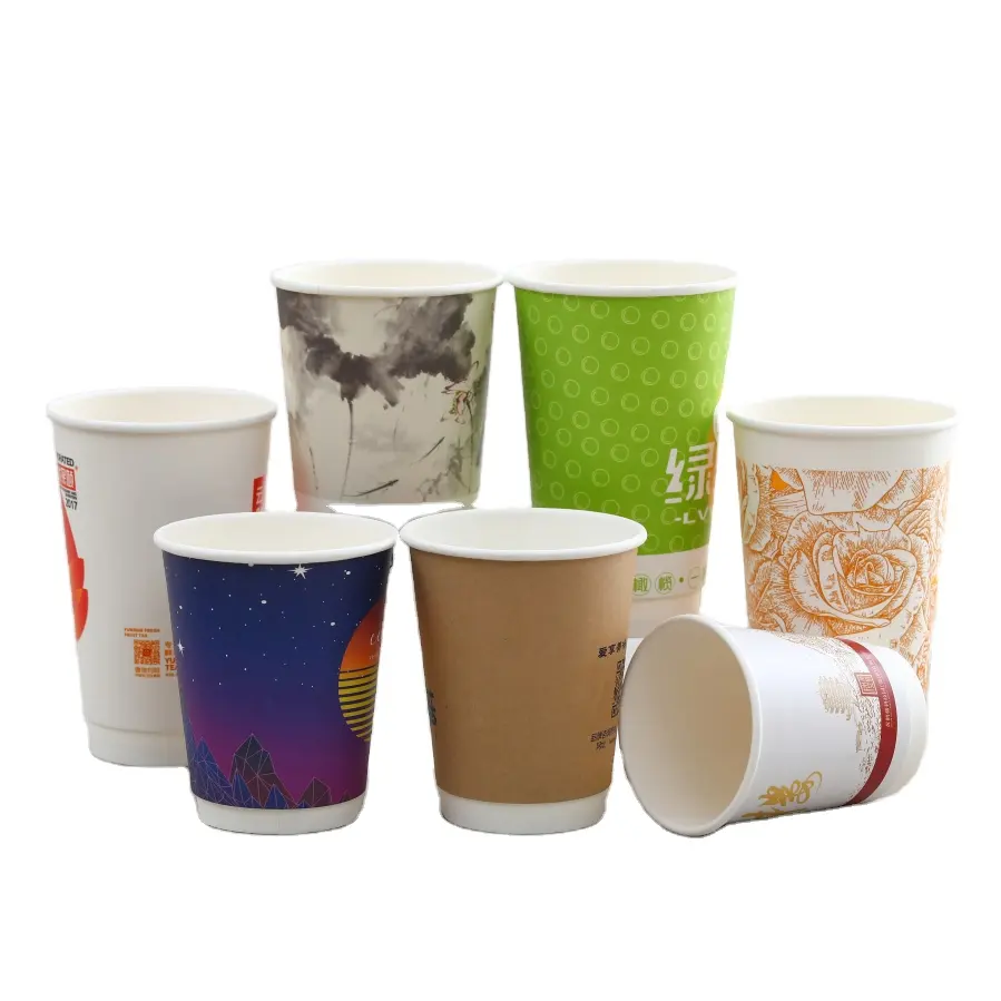 Double tasse de papier peint jetable pour boisson chaude logo personnalisé accepter 8/12/16/20oz tasse en papier pour tasse à café et boissons chaudes