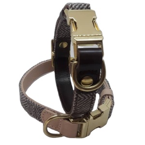 Collier de chien en toile et cuir véritable, boucles de haute qualité, produits lavables et durables pour animaux de compagnie, ensembles de harnais et de laisse, toutes les couleurs, noir et beige - Product Image 4
