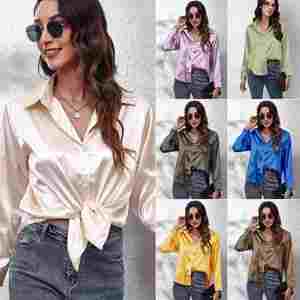 I-0711 Hot Selling Spring Summer Breathable Vintage Casual Woven Satin Tank <b>Top</b> for Women Solid Color Like-Silk Long Sleeve - Product Image 1