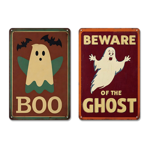 Insegna Rettangolare in Metallo per Halloween, Decorazione Murale con Fantasma e Pipistrello Cartoon - Product Image 1