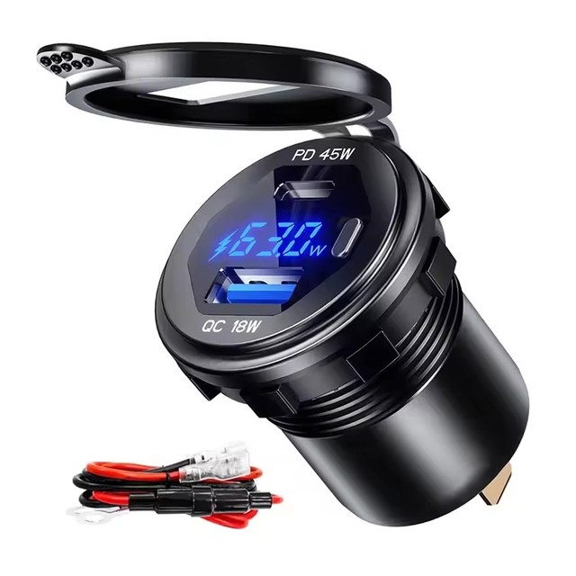 12V/24V 45W PD Type C 18W QC 3.0 Dual USB Port Car Charger Socket With LED Voltmeter Button Switch Car Socket
