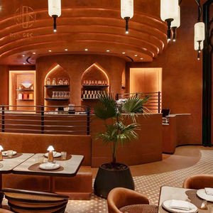 Boutique Hotel Restaurant Set Sofá <span class=keywords><strong>de</strong></span> cuero curvo Mesa redonda compacta Sillas traseras texturizadas Muebles - Product Image 6