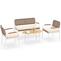 Ensemble de meubles de jardin en rotin tissé à la main AJUNION, structure en métal, ensemble de conversation extérieur 4 places avec table basse en verre