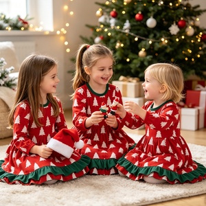 KR Girls <strong>Christmas</strong> Tree Print Long Sleeve <strong>Dress</strong> Custom Pattern Ruffle Hem Festive <strong>Dress</strong> for <strong>Kids</strong> Holiday Party Family Wear - Product Image 2