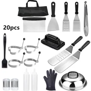 Kit de acessórios para grelha de churrasco, venda quente de acessórios de aço inoxidável, 20 peças, uso ao ar livre, churrasco, espátula, grelha, ferramentas