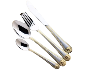 Ensemble de couverts jetables traditionnels de mariage en acier inoxydable doré 4 pièces (couteau, cuillère, fourchette) – Nouveauté en gros - Product Image 1