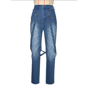Jeans de mezclilla de cintura alta con remaches metálicos, estilo casual urbano para <span class=keywords><strong>mujer</strong></span>, transfronterizos, otoño - Product Image 2