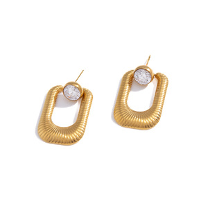 Geometric Gold Tone <b>Stud</b> <b>Earrings</b> With Clear Zircon Bezel Setting For Women Fashion Jewelry - Product Image 5