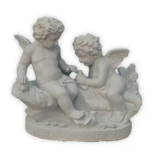 Shengye Little Boy And Girl Angle Statues natural white marble stone statue Hand-Carved Polished Outdoor Garden D