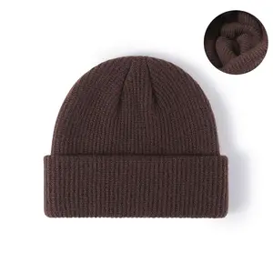 Acrílico ao ar livre com nervuras Beanie Cap Plain Knit Inverno Hat Double Fold Knit Warm Beanie Hat para homens e mulheres