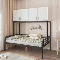 Lit mezzanine moderne réglable et peu encombrant en fer avec placard supérieur en bois et finition noire robuste pour chambre d'étudiant