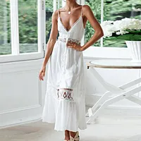 Klv — robe longue décontractée avec col V, blanche, Sexy, décolletée plongeant en V, Crochet, tenue de plage, 2020