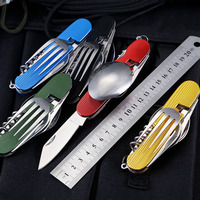 Ensemble de couverts pliables multifonctionnels 6 en 1 en acier inoxydable, cuillère, fourchette et couteau, ouvre-boîte, ensemble de vaisselle de camping en plein air