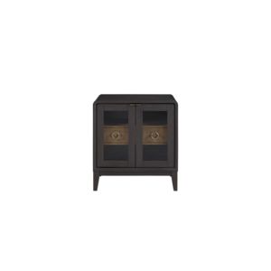 Table de chevet avec porte en verre, tiroirs en bois et poignées en métal pour le rangement de la chambre - Product Image 1