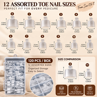 120 faux ongles d'orteils mats semi-couvrants carrés transparents style French, 12 tailles, vente en gros, logo personnalisé