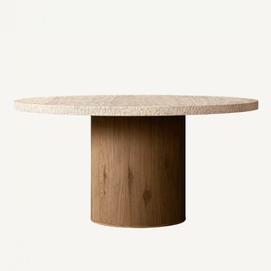 Tavolo da Pranzo Rotondo Moderno di Lusso con Piano in Travertino e Base in Legno Massello, Tavolo da Pranzo Rotondo <span class=keywords><strong>Lumi</strong></span> - Product Image 2