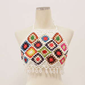 <span class=keywords><strong>Gilet</strong></span> en <span class=keywords><strong>crochet</strong></span> fait main bohème avec perles hauts à franges femmes accessoires de bain - Product Image 1