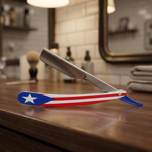 Navaja de Afeitar Recta MORGANS INDUSTRIES con Bandera de Puerto Rico, Hoja de Acero Inoxidable, Mango de Acero Inoxidable, Uso Profesional en Barberías - Product Image 1