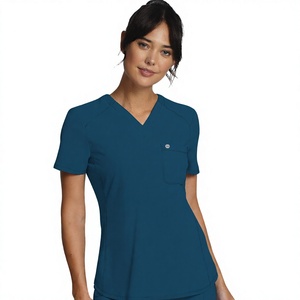 Women's V-Neck Scrub Set Short Sleeve Cotton Blend Breathable Scrubs with Needle Detection Hospital Nurse Uniform <b>Top</b> & Trousers - Product Image 2