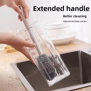 Éponge à récurer en acier inoxydable à long manche avec poignée en plastique, nettoyeur à boule <span class=keywords><strong>métallique</strong></span> écologique pour casseroles, poêles et nettoyage quotidien de la cuisine - Product Image 2