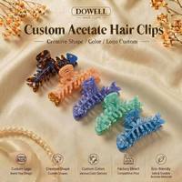DOWELL Pinces à cheveux élégantes en acétate motif squelette de poisson avec logo personnalisé, grandes pinces à griffes en celluloïd en forme d'arête de poisson, accessoires de coiffure tendance