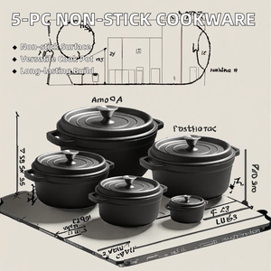 Ensemble de 5 casseroles <span class=keywords><strong>en</strong></span> <span class=keywords><strong>fonte</strong></span> émaillée <span class=keywords><strong>grande</strong></span> capacité, résistantes aux hautes températures, pour braiser et mijoter, antiadhésives - Product Image 2