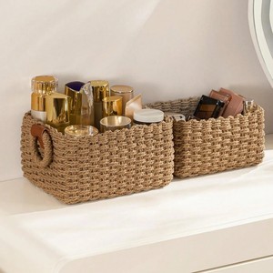 Ensemble de 3 paniers de rangement tressés à la main avec poignées en cuir marron, bac de rangement pour la décoration de la maison - Product Image 2
