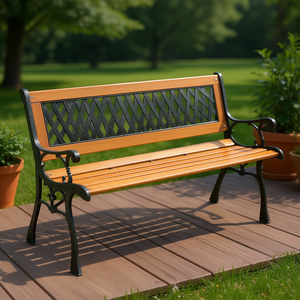 Banc de jardin en fonte de 49 pouces avec dossier en bois tressé pour patio, véranda ou terrasse - Product Image 2