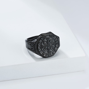 St Benedict <b>Ring</b> Black <b>Titanium</b> Steel Cross Shape Men's Religious Jewelry Protection Accessory - Product Image 1