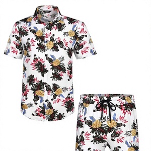 <b>mens</b> <b>white</b> floral graphic print <b>short</b> sleeve lapel button up shirt matching <b>shorts</b> 2 piece set casual hawaiian outfit - Product Image 1