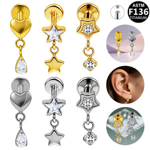 Titanium Star Teardrop Earrings With Chain Dangle <b>Cartilage</b> <b>Studs</b> For Ear Piercing Jewelry ASTM F136 Titanium - Product Image 1