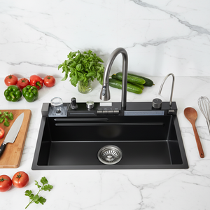 Lavello da <span class=keywords><strong>Cucina</strong></span> in Acciaio Inossidabile Lucido con Doppia Vasca Quadrata, Grande Bacino da Incasso, <span class=keywords><strong>Rubinetto</strong></span> Nano con Doppia Cascata a Pioggia Intelligente - Product Image 3